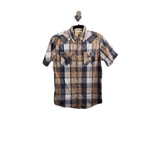 Coastal Men's Pearl Snap Shirt Brown Blue Plaid Western Short Sleeve Medium